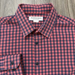 Mizzen + Main Mens Shirt Large Trim Fit Red Blue Check Performance Menswear
